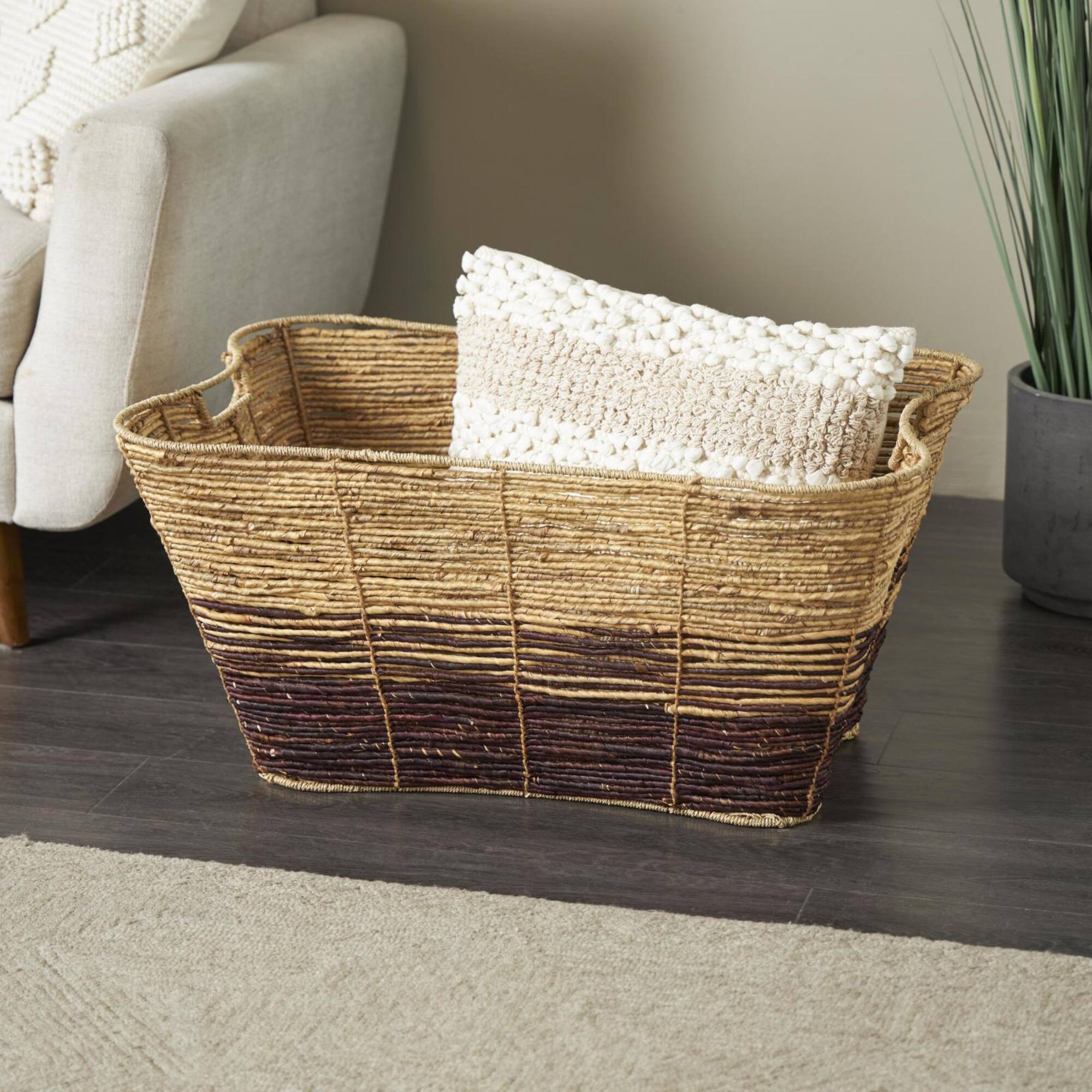 30" Brown Seagrass Handmade Oversized Color Block Storage Basket with Slot Handles